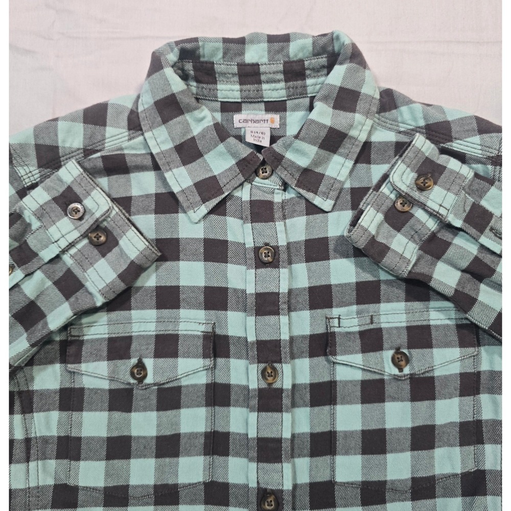 Carhartt Womens Small Green Brown Plaid Flannel Work Shirt Casual Button Up
